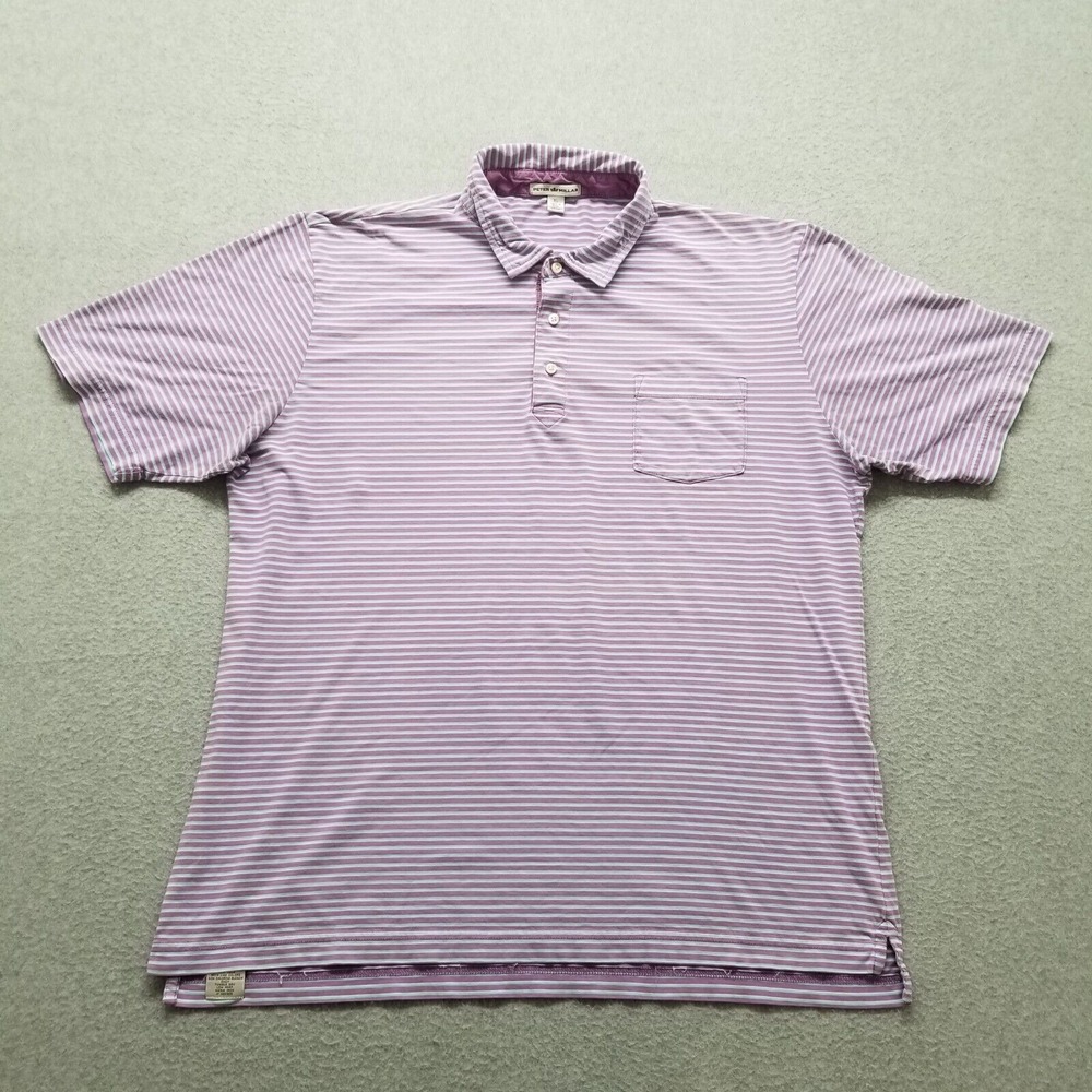 Peter Millar Polo Shirt Mens XL Purple Striped Short Sleeve Button Up Pocket‎